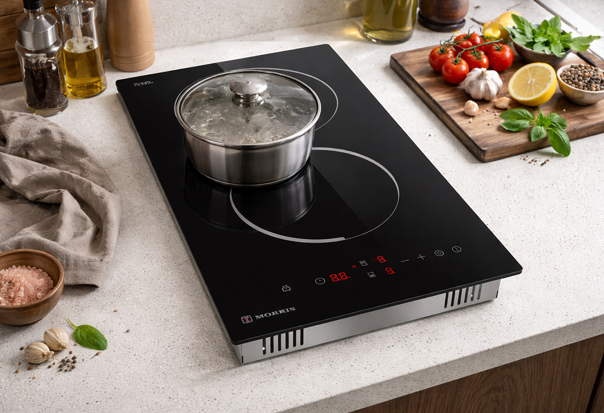 Απεικονίζεται η εστία σε πάγκο κουζίνας με κατσαρόλα πάνω.